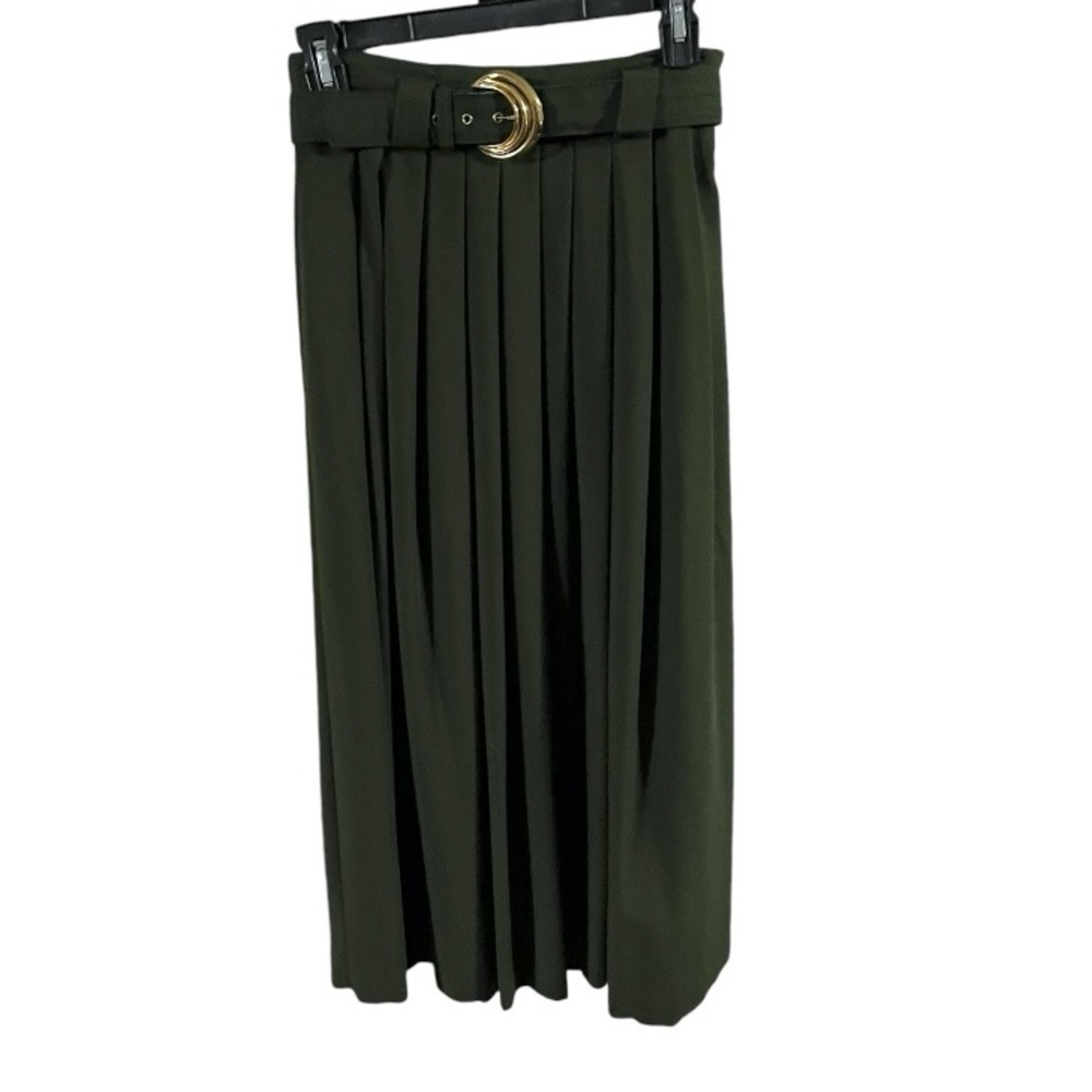 EUC Jara Vintage dark Green Long pleated Skirt Gold Buckle Matching Belt Sz 10